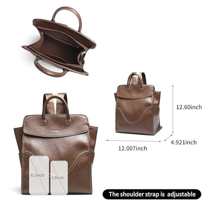 Retro Brown Leather Square Flap School Commuter Backpack Handbag for Women