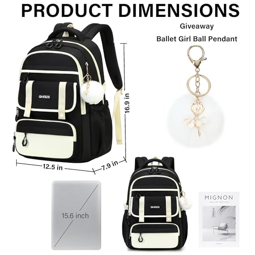 School Backpack for Girls, Laptop Backpack 15.6 Inch Kids Elementary Middle High School Bag Anti Theft Cute College Bookbags for Teens Girls Women Students Casual Travel Daypack,Black Beige - color: Black Beige