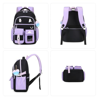 Girls Backpack, Lightweight Kids Backpack Kawaii School Backpacks Bookbag for Primary Elementary School,Age 6-14 years,Green Match Purple(Luggage Strap Ver) - color: 1pc-black & Purple(luggage Strap Ver)