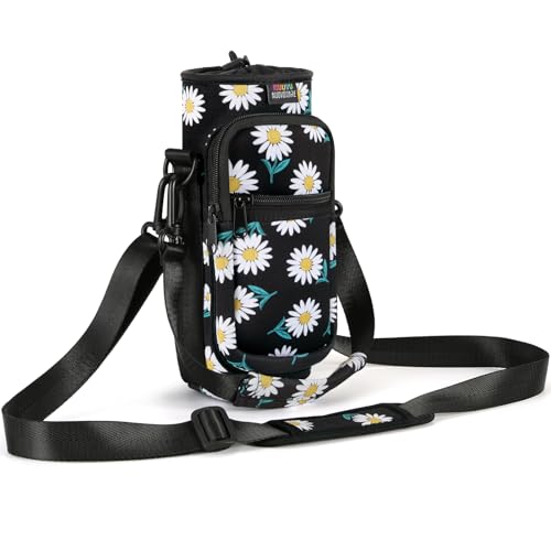 Nuovoware Water Bottle Carrier Bag, Premium Neoprene Portable Insulated Water bottle Sling Holder Bag 500ml/750ml/1000ml with Adjustable Shoulder Strap for Men Women Hiking, Sling Bottle Case - color: Blackdaisy, size: 25-32 Ounces - Standard