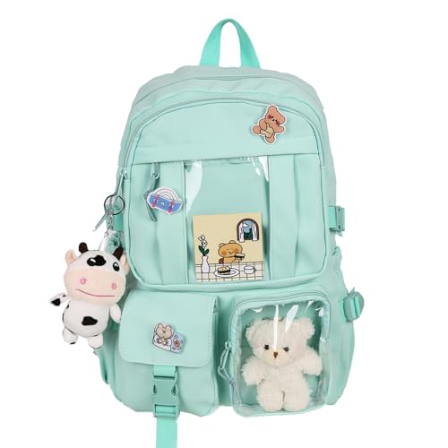 Kawaii Backpack with Cute Bear Plush Kawaii Pin Accessories Large Capacity Aesthetic School Bags Cute Bookbag for Girls Teen (Simple, Green) - color: Green