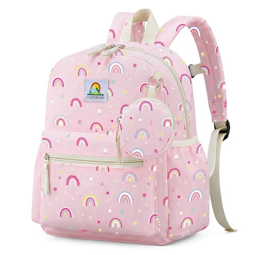 Corduroy Toddler Backpack for Girls 2-5: Rainbow Pink Kids backpack for Girls - 13.5 inch Preschool Kindergarten Backpacks with Coin Purse - color: Pink-rainbow