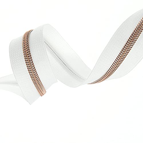 #5 Rose Gold Metallic Nylon Coil Zipper by The Yard, Bulk 10 Yards White Tape with 25PCS Rose Gold Zippers Pulls for Sewing, Bags, Purses YIGUANXIN - color: White-Rose Gold
