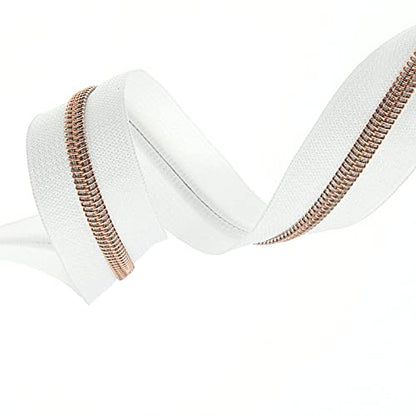 #5 Rose Gold Metallic Nylon Coil Zipper by The Yard, Bulk 10 Yards White Tape with 25PCS Rose Gold Zippers Pulls for Sewing, Bags, Purses YIGUANXIN - color: White-Rose Gold