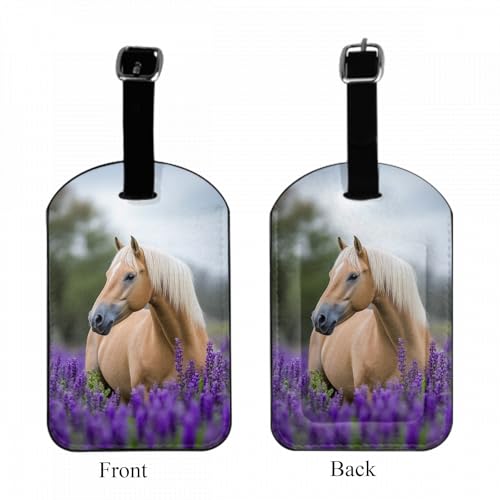 Palomino Horse Luggage Tag with Name ID Card Spring Animal Portrait White Horse Purple Flowers Baggage Identification Labels ID Tags with Belt Strap for Travel Cruise Ships, 1 Pack - color: Palomino Horse