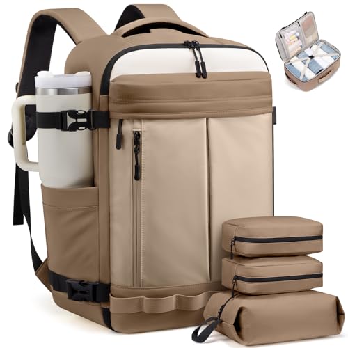 LOVEVOOK 40L Travel Backpack for Women Men, Airline Approved Carry On Luggage with 3 Cubes Accessories, TSA Personal Item Travel Cruise Essentials, Waterproof Weekender Overnight Bags fits 17" Laptop - color: Light Khaki-khaki-beige, size: 40L 4-Piece Set
