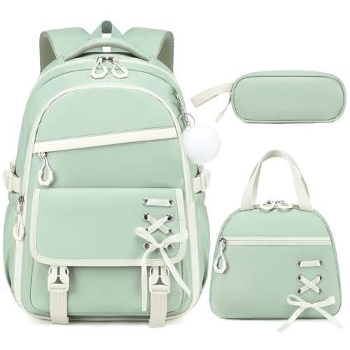 Scothen 3PCS Girls Backpack for School, Kids Backpack for Girls with Lunch Bag Pencil Case, Kids Bookbag Teen Backpacks for Elementary Middle High School - color: Green-beige