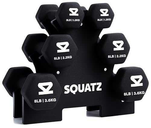 SQUATZ Dumbbell Weights Set with Stand, 32lbs Neoprene Coated Weights in Color Gray, Black, and Orange, Hex Shape Anti Slip and Roll Dumbbells for Exercise, Training, Fitness, Yoga - color: Black
