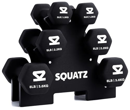 SQUATZ Dumbbell Weights Set with Stand, 32lbs Neoprene Coated Weights in Color Gray, Black, and Orange, Hex Shape Anti Slip and Roll Dumbbells for Exercise, Training, Fitness, Yoga - color: Black