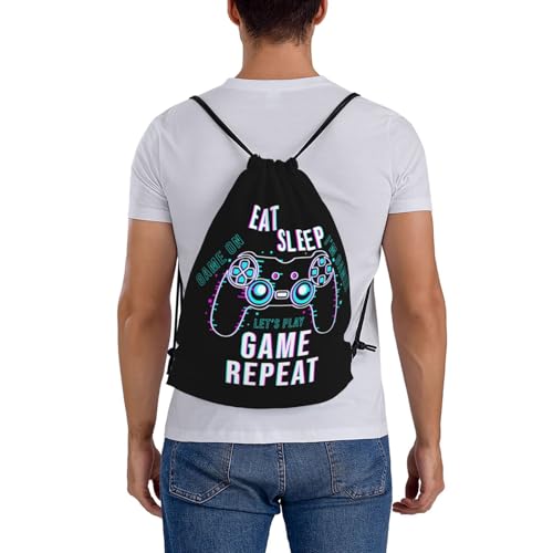 Eat Sleep Game Repeat Unisex Drawstring Backpack Bag Sport Gym Travel Swim Sackpack - color: Eat Sleep Game Repeat
