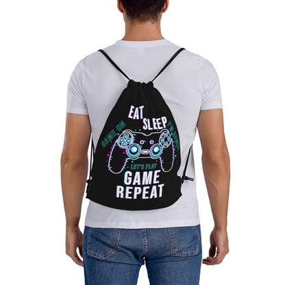 Eat Sleep Game Repeat Unisex Drawstring Backpack Bag Sport Gym Travel Swim Sackpack - color: Eat Sleep Game Repeat