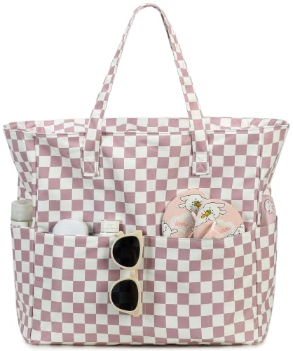 LEDAOU Beach Bag Waterproof Sandproof Women Beach Tote Pool Bag with Zipper for Swim Gym Grocery Travel with Wet Pocket | Sandproof - color: B-purple White Grid