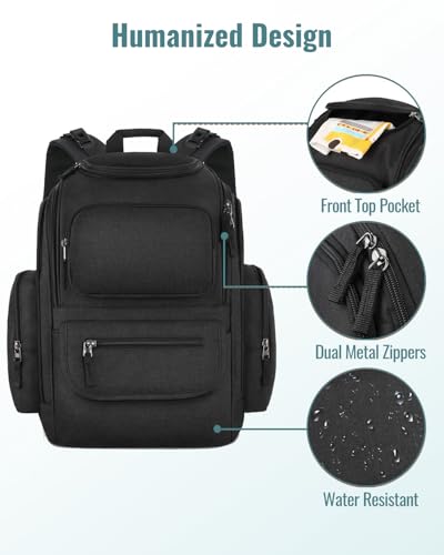 Mancro Diaper Bag Backpack, Extra Large Capacity Baby Diaper Backpack with 2 Insulated Pockets and Stroller Strap, Water Resistant Mens Diaper Bag for Travel，Black - color: Black, size: X-Large