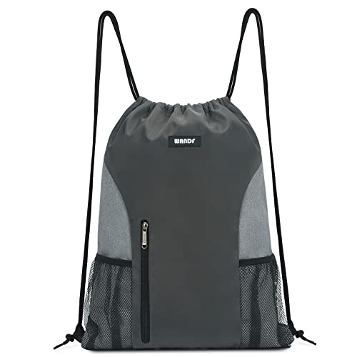 WANDF Drawstring Backpack Sports Gym Sackpack with Mesh Pockets Water Resistant String Bag for Women Men (Grey) - color: Grey