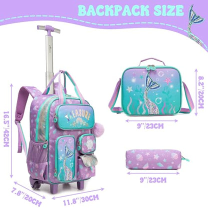 Mermaid Rolling Backpack with Wheels for Girls School Rolling Backpack Kids Travel Luggage for Girls Ages 5-12 - color: A Blue Mermaid