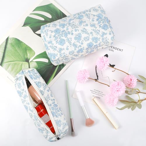 3 Pcs Makeup Bag Cosmetic Bag Set for Girls Women Checkered Travel Organizer Bathroom Toiletry Pouch Large Capacity Storage Bag(Blue Flower) - color: Blue Flower