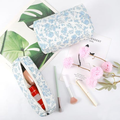 3 Pcs Makeup Bag Cosmetic Bag Set for Girls Women Checkered Travel Organizer Bathroom Toiletry Pouch Large Capacity Storage Bag(Blue Flower) - color: Blue Flower