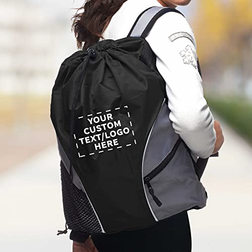 DISCOUNT PROMOS Custom Sporter Drawstring Backpacks Set of 6/12/24, Personalized Bulk Pack - Compact, Lightweight, Unisex Backpack - Black - color: - Custom - Black, size: 6/12/24
