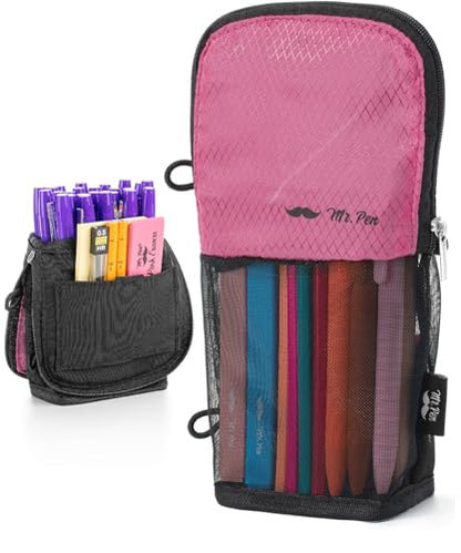 Mr. Pen- Standing Pencil Case Pouch, Sit & Lay Mesh-View Design, Black & Pink, Interior Pocket & 2 Elastic Binder Loops, Cute Pencil Case for Girls and Boys - color: Black & Pink