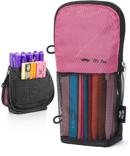 Mr. Pen- Standing Pencil Case Pouch, Sit & Lay Mesh-View Design, Black & Pink, Interior Pocket & 2 Elastic Binder Loops, Cute Pencil Case for Girls and Boys - color: Black & Pink