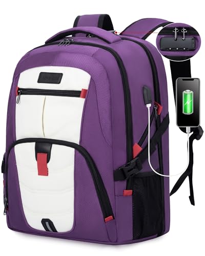 LOVEVOOK Travel Laptop Backpack Waterproof Anti Theft Backpack with Lock and USB Charging Port Large Computer Business Backpack for Women College Backpack (17 inch,Purple & White - color: Purple & White, size: 17 inch