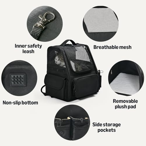 Amazon Basics Pet Backpack for Cats & Small Dogs, Collapsible Travel Carrier with Ventilated Mesh, Removable Pad, and Safety Leash, Black