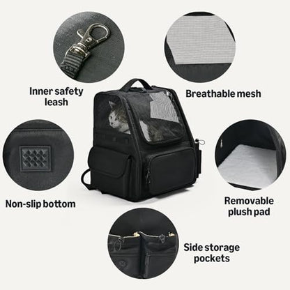 Amazon Basics Pet Backpack for Cats & Small Dogs, Collapsible Travel Carrier with Ventilated Mesh, Removable Pad, and Safety Leash, Black