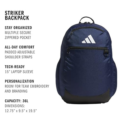 adidas Striker 3 Team Sports Backpack – Daypack for Sports Gym Travel, 36L, Navy Blue, OSFA - color: Navy Blue