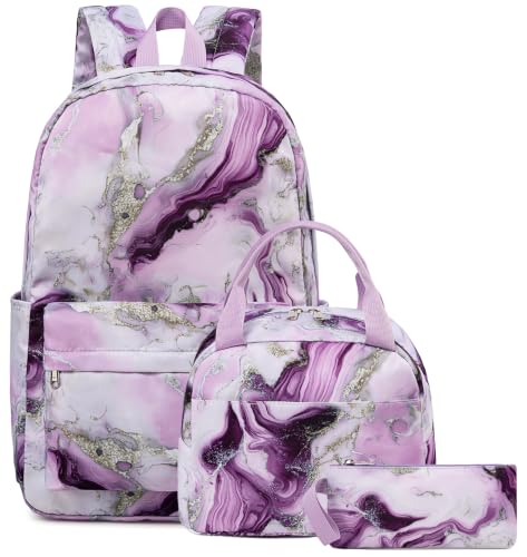Bluboon Teen Girls School Backpack Kids Bookbag Set with Lunch Box Pencil Case Travel Laptop Backpack Casual Daypacks (Purple Marble) - color: Purple Marble