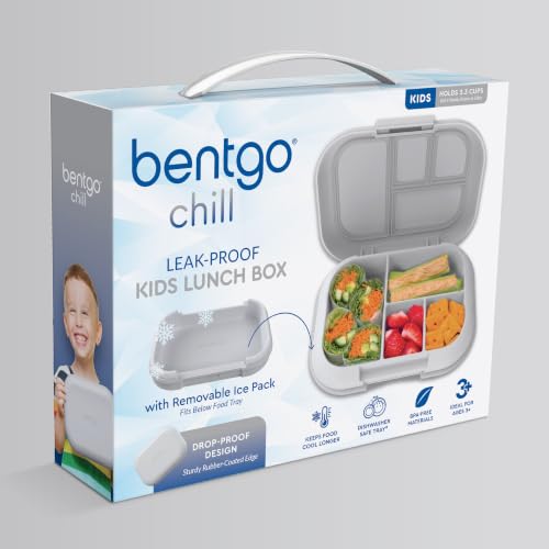Bentgo Chill Kids Leakproof Lunch Box - 4-Compartment Bento Box with Built-In Ice Pack, 3.3 Cup Capacity, BPA-Free, Microwave & Dishwasher Safe Tray, Ages 3–7 (Gray) - color: Gray