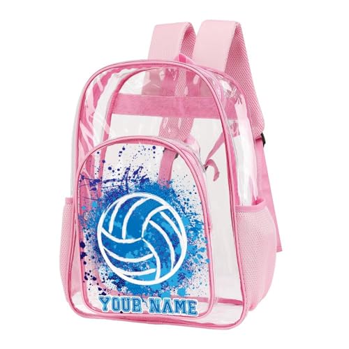 Custom Volleyball Clear Backpack Heavy Duty for Girls Kids Boys | Large Cool PVC Volleyball Theme Printing Transparent Backpacks for Schools Stadium Concerts Work - Clear/Pink - color: Volleyball Clear Backpack 2 Pink With Front Pocket Custom