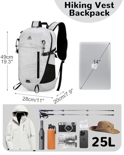 25L Small Nylon Waterproof Hiking Backpack with Phone Pouch for Men Women, Lightweight Hiking Daypack with Breathable EVA Back Support,White