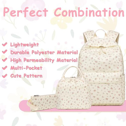 CAMTOP Girls Backpack with Lunch Box Set, Cute Bow School Backpack for Kids, 3-in-1 Lightweight Lunch Bag and Pencil Pouch - color: Flower-beige