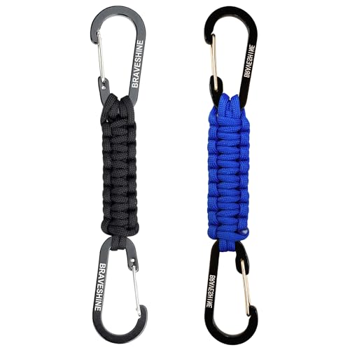BRAVESHINE Paracord Keychain Carabiner Clip, D Ring Lanyard Hanger Stroller Hook for Water Bottle, Key, Backpacks, Men, Women - color: 1 Black 1 Blue