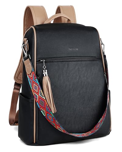 FADEON Leather Laptop Backpack for Women Designer 15.6 inch PU Laptop Bag, Ladies Travel Computer Work Backpack Black - color: Black Retro Style