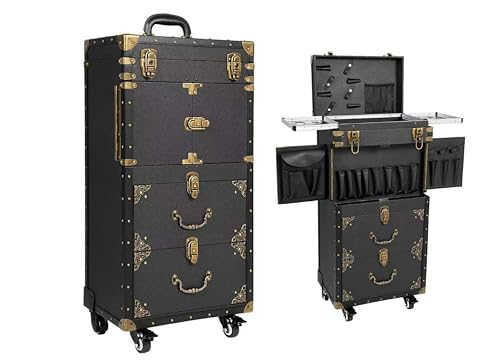 Cosmetic Train Case,Makeup Organizer Travel Case with Multiple Compartments,Rolling Makeup Case,Makeup Train Case,Professional Makeup Case with Wheels for Make-up Artists,55Lbs Load-Bearing - color: Black Vintage