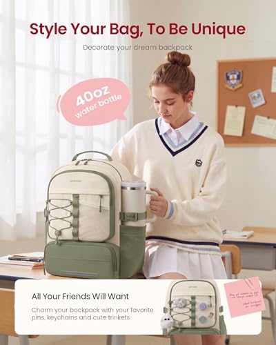 LOVEVOOK School Backpack for Teen Girls, Unique Style College Student Backpacks with Large Cup Holder, Cute Kid Bookbag with Pens Compartment, Large Capacity Back to School Backpack Fit 15.6'' Laptop - color: Pea Green&beige, size: Medium