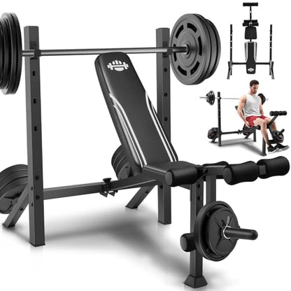 ANCHEER 900LBS Weight Bench Set with Squat Rack, Adjustable Bench Press Set with Leg Extension and Leg Curl, Flat Incline Decline Workout Bench for Home Gym Full Body Strength Training - color: Black&White