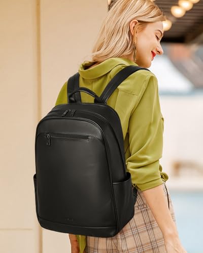 MASINTOR 15.6 inch Leather Laptop Backpack Purse for Women, Designer Travel and Work Bag with Laptop Compartment Black - color: Black