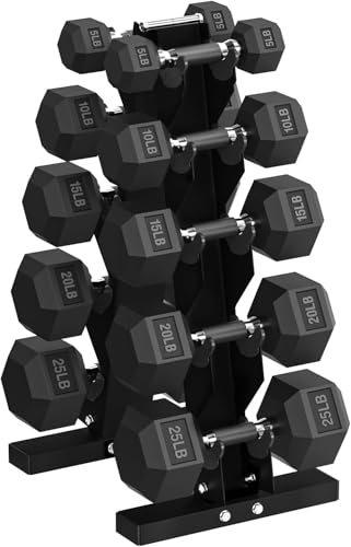 HANDBODE Hex Dumbbell Sets with Rack, 100-165 lb Rubber Encased Dumbbells for Strength Training, Exercise & Fitness, Home Gym Weight Set with Rack - style: 150 lb (5, 10, 15, 20, 25 lb) X 2 & Rack