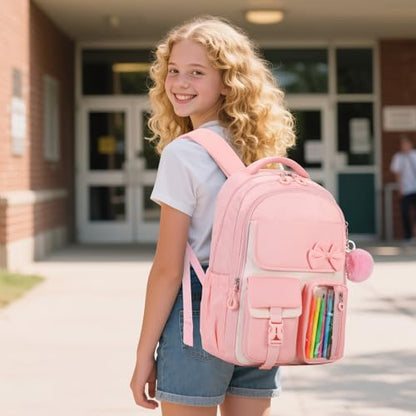 Girls Backpack, School Backpack for Girls, Cute Bow Kids Bookbag for Grils Children Teens for Elementary Middle High School Student, Pink - color: Pink