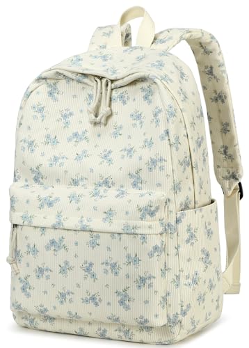 BTOOP School Backpack for Teens Large Corduroy Bookbag Lightweight 15.6 inch Laptop Bag for Girls Women Casual High School College - color: Blue Flower 213