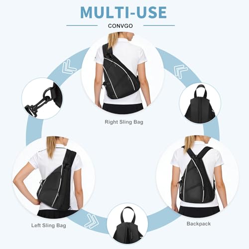 Pickleball Bag for Women Men, Adjustable Pickleball Backpack, 2 in 1 Sports Sling Bag for Pickleball Tennis - color: Black