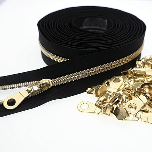 #5 Gold Metallic Nylon Coil Zipper by The Yard, Bulk 10 Yards Black Tape Gold Teeth with 25PCS Gold Zippers Pulls for Sewing, Bags, Purses YIGUANXIN - color: Black-Gold