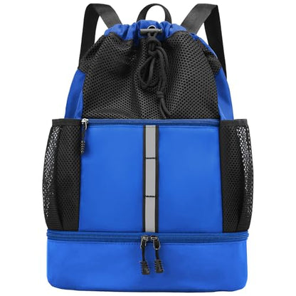 PinCute Drawstring Gym Bag for Men/Women - Mesh Beach Swim Bags Sports Backpack with Wet Pocket&Shoe Compartment, Lightweight - color: Blue