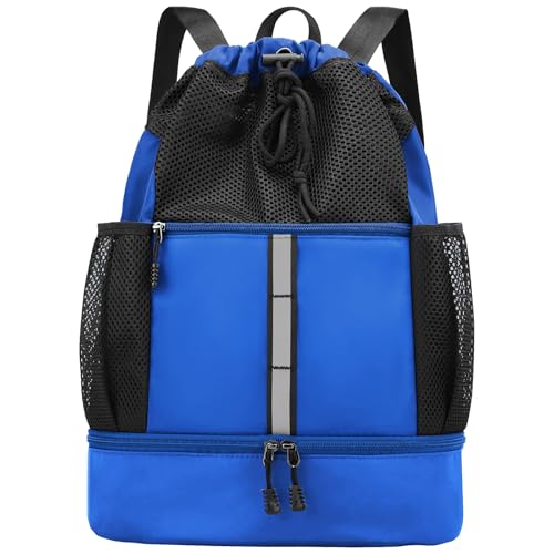 PinCute Drawstring Gym Bag for Men/Women - Mesh Beach Swim Bags Sports Backpack with Wet Pocket&Shoe Compartment, Lightweight - color: Blue