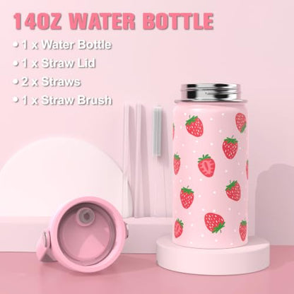 Bevalsa Backpack for Girls, School Bookbag Teen Girls Backpack Set with 14oz Insulated Water Bottle Stainless Steel, Lunch Bag & Pencial Case for Kids Elementary Middle Student (Pink Strawberry) - color: Pink Strawberry