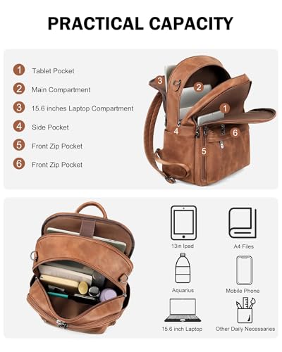 FADEON 15.6 Inch Laptop Backpack Purse for Women, Large Capacity | Vegan Leather Backpack with Padded Straps, Laptop & iPad Slots Fits 13", 14" & 15.6". Roomy for Daily, Work & Travel - color: 1 Brown Retro Style
