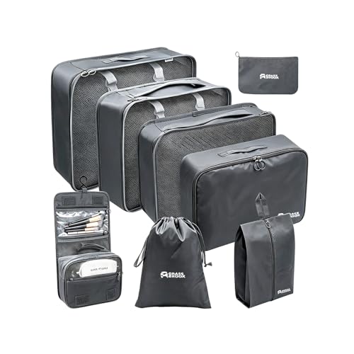 8 Set Packing Cubes for Travel Essentials With Hanging Toiletry Bag for Women, Lightweight Suitcase Organizer Bags with Mackup bag, Carry-On Luggage Accessories (Gray) - color: Gray