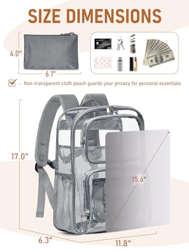 Clear Backpack Heavy Duty for Women Men Boys Girls, Large Clear Bookbag See Through Backpack for School College - color: 6#grey+pouch-no Reflective Strips